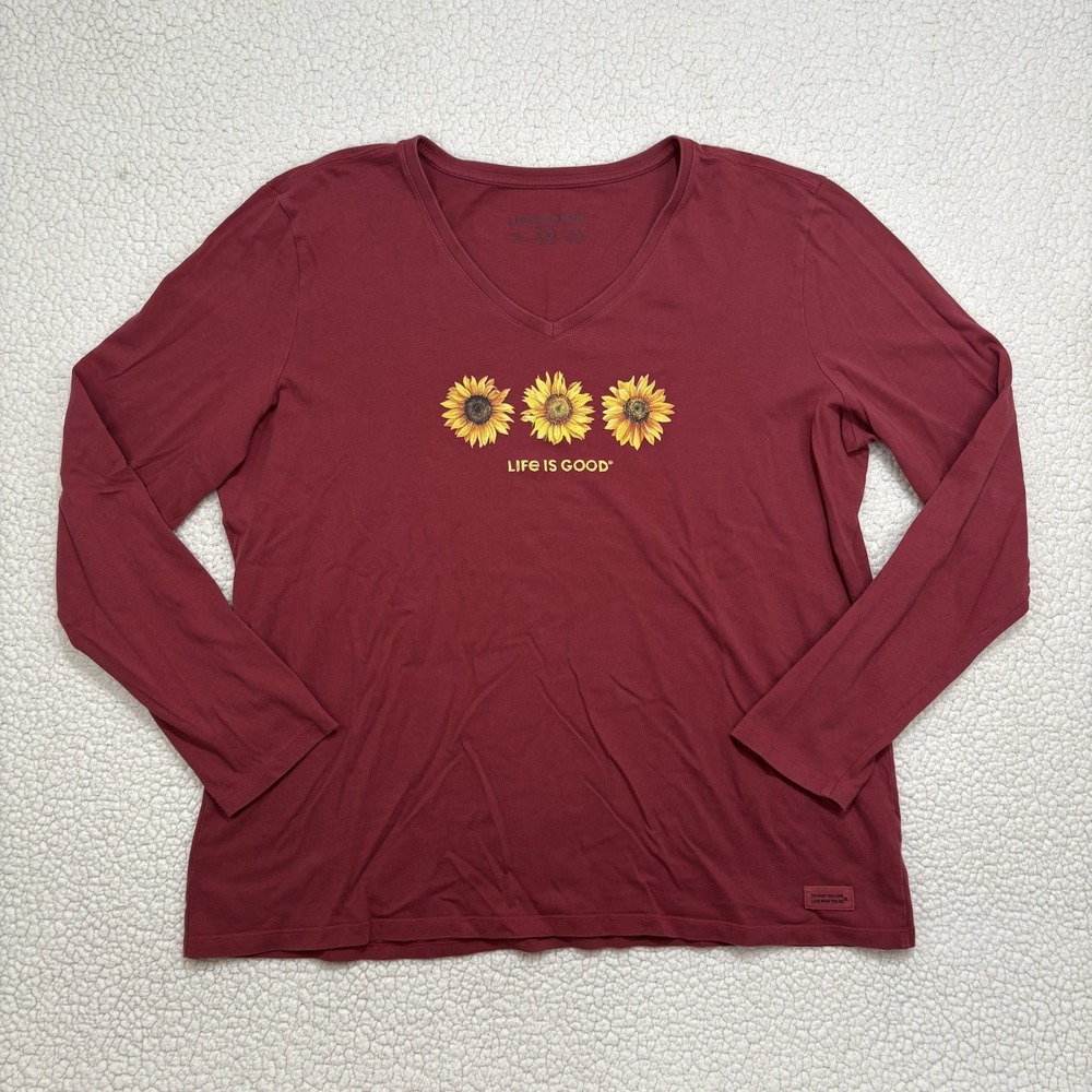 Life Is Good Sunflower Crusher Tee Long Sleeve Red Fall Womens Size XXL V Neck